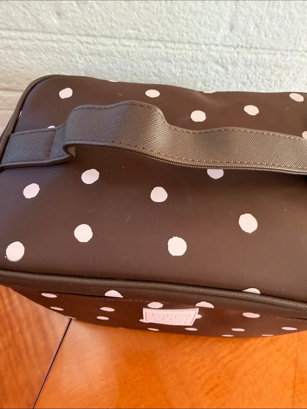 NWT. Brown Cosmetic Case with Pink Polka Dots